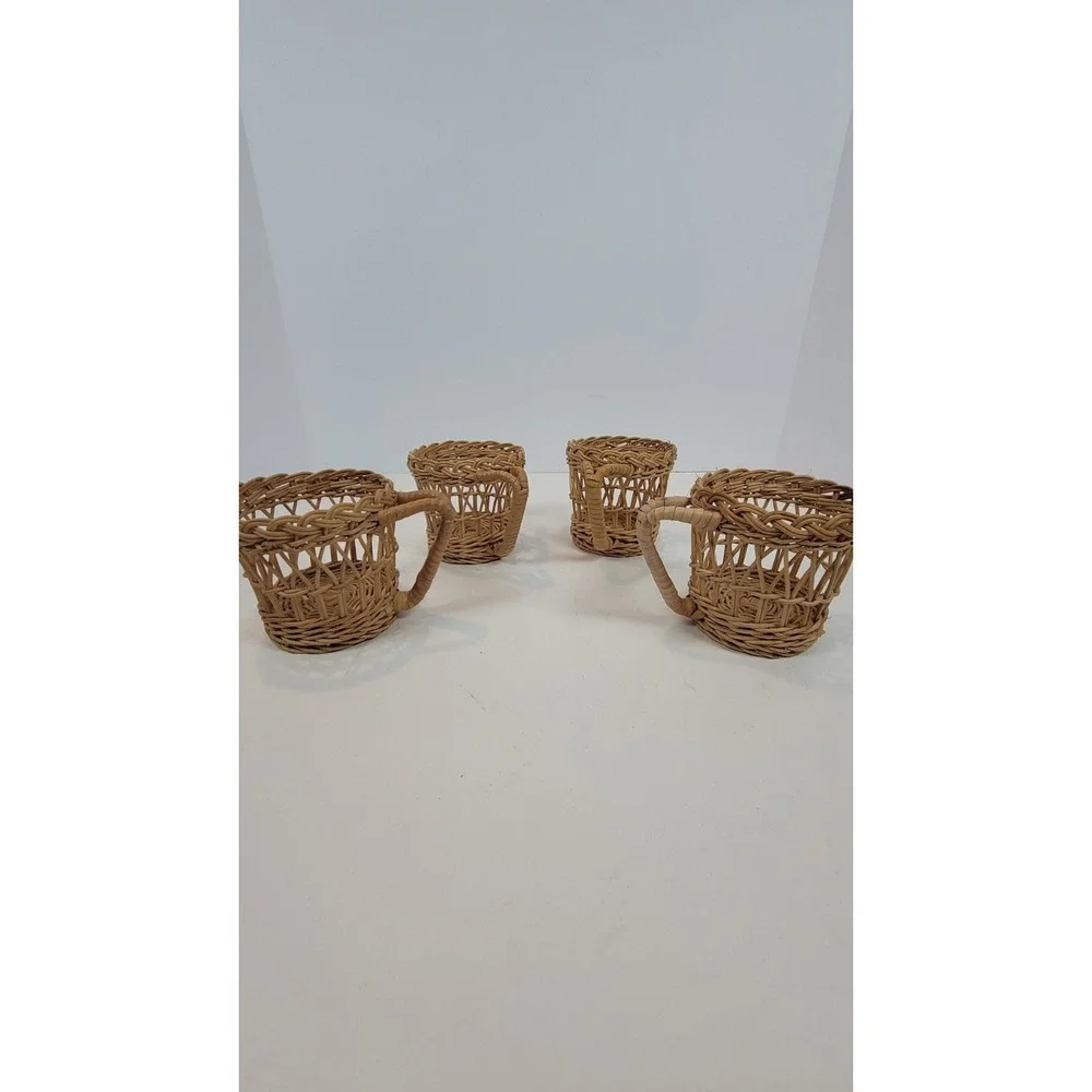 Set‎ Of 4 Vintage Wicker Rattan Cup Glass Holder Round Boho Summer 3.5